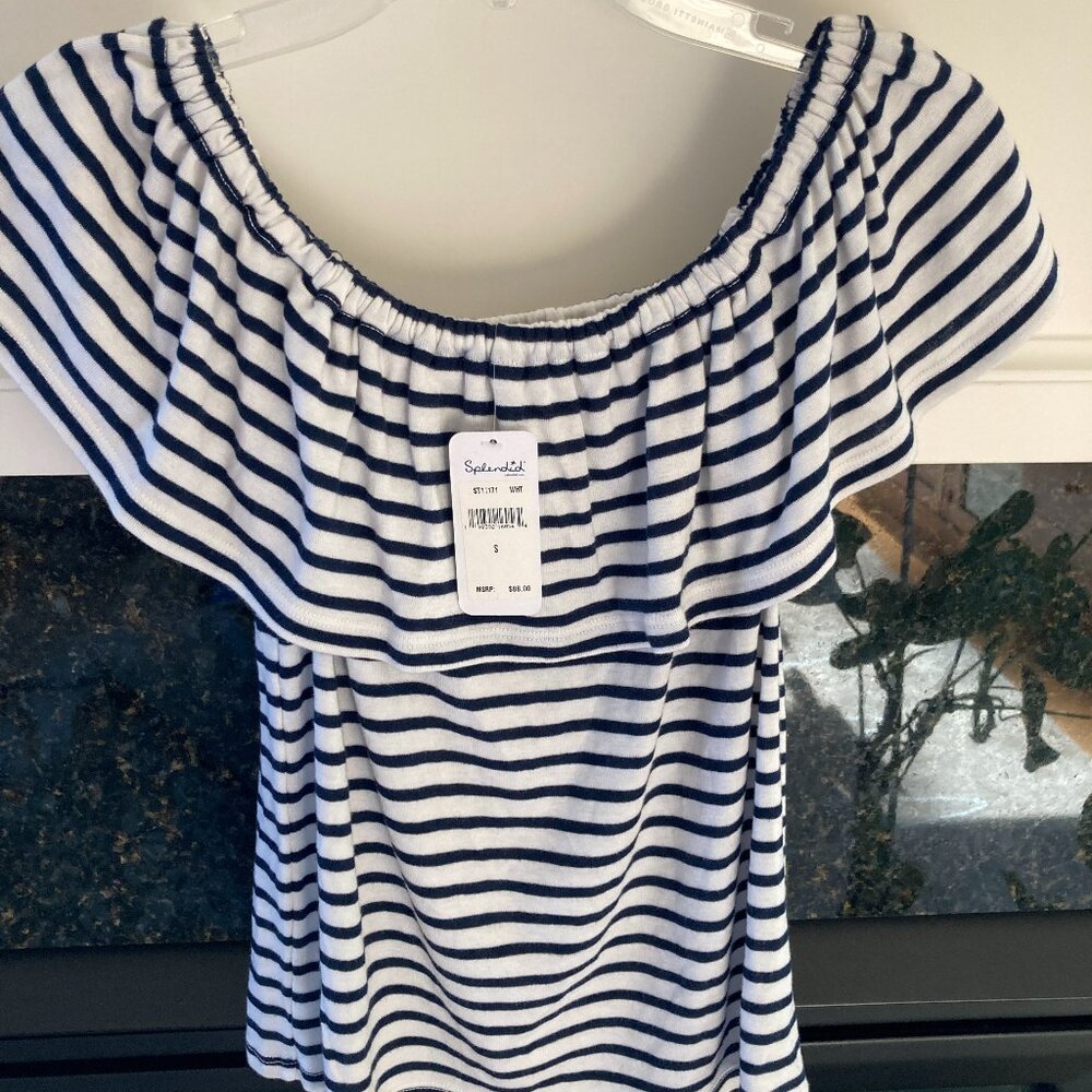 Splendid Women's Top Blue/Wt Striped Ruffle Neckline Short Sleeve Spring NWT